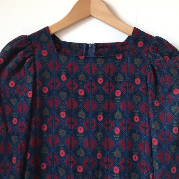 Laura Ashley Vintage Diamond/Floral Corduroy Dress Navy/Red/Green w/Belt Sz US 8 - Picture 11 of 17